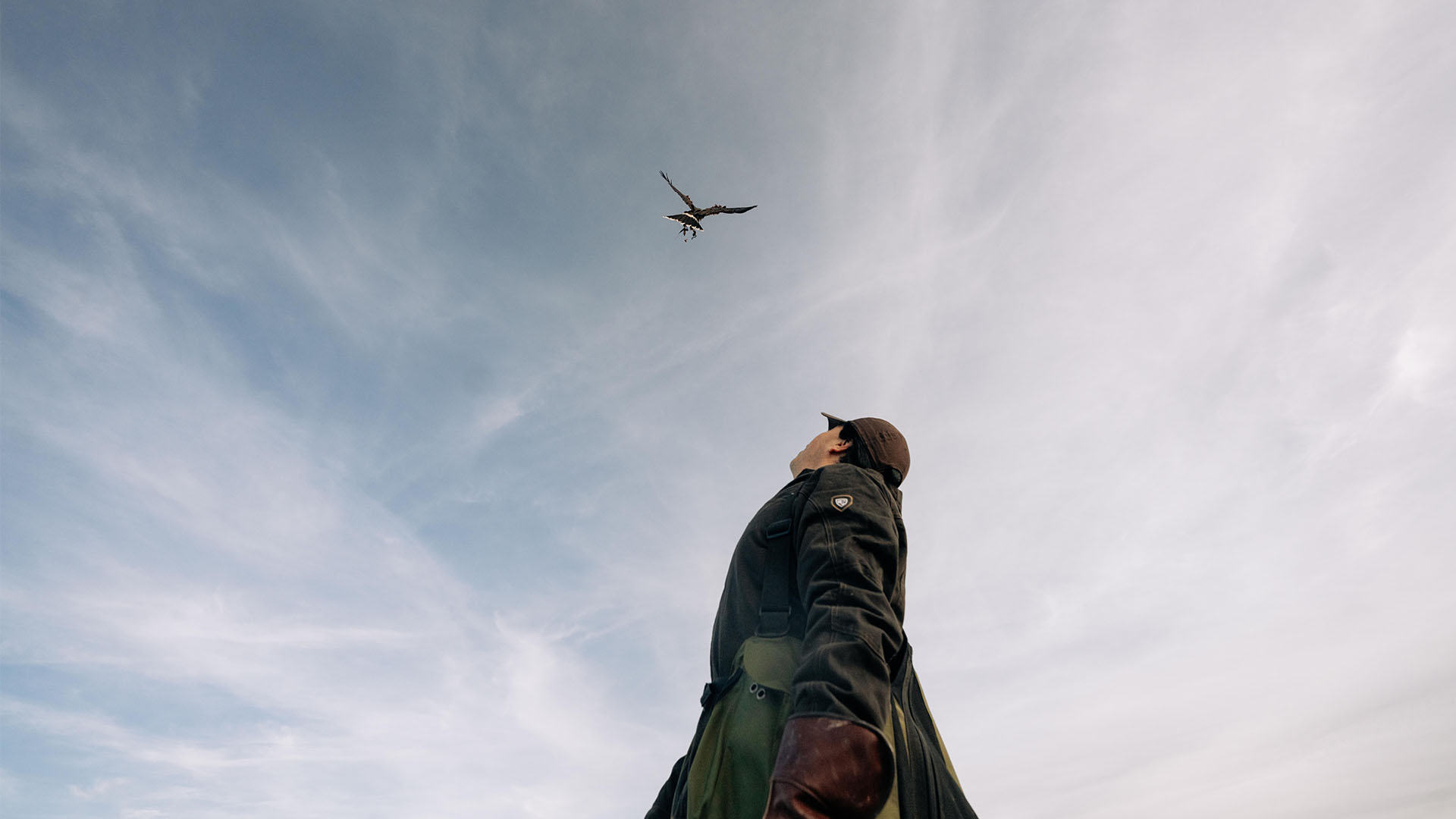 Manny's falcon flying above him on a cloudy and blue sky