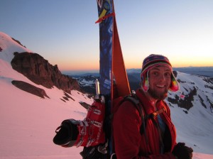 Happy at sunrise, on Rainier, Alex said "This picture says it all"