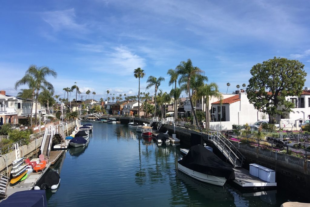 houses palms and boats around blue water canal