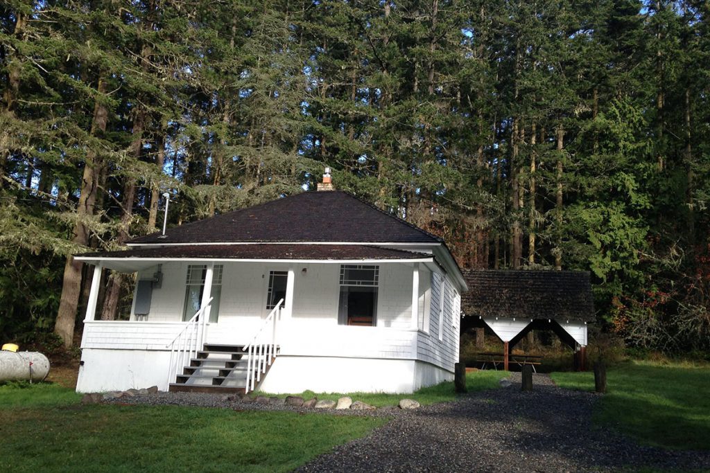 white cabin surrounded by pine trees 